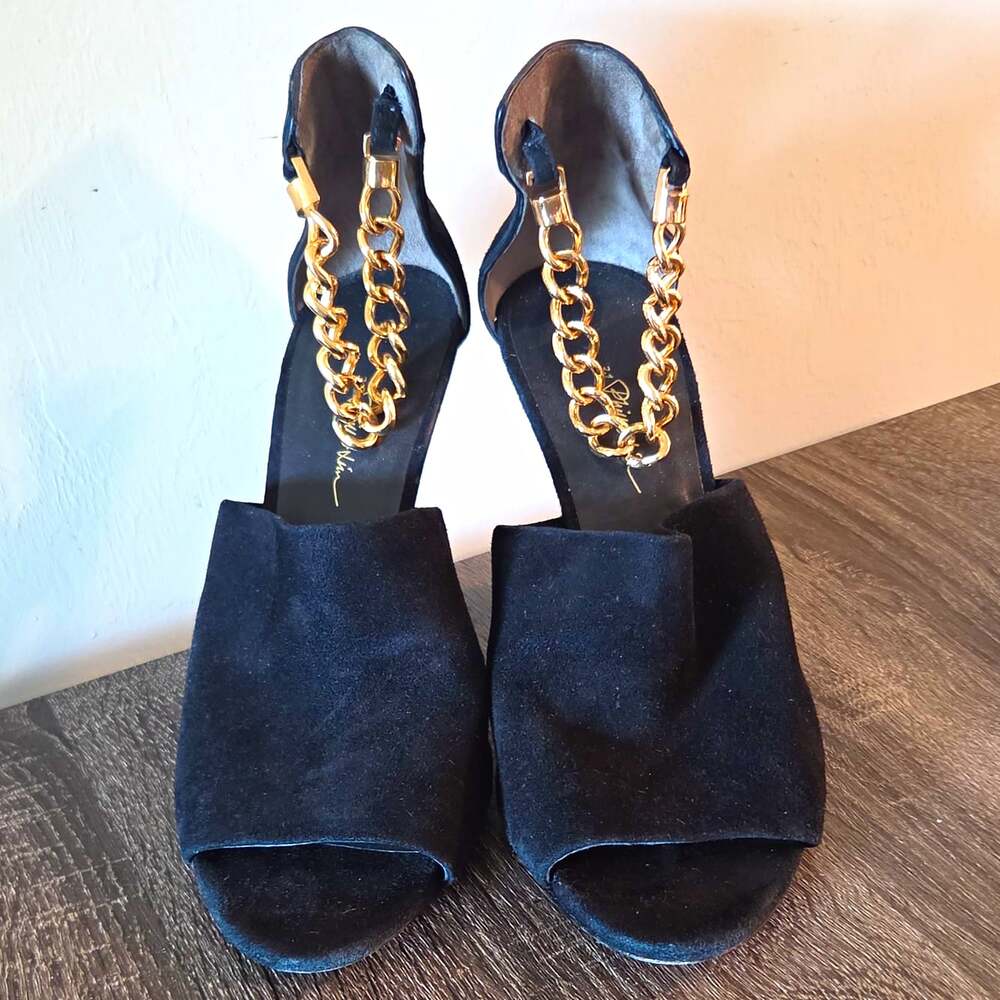 Phillip Lim 3.1 Berlin Gold Chain Black Suede Heels Peep Toe Sz 9 39.5